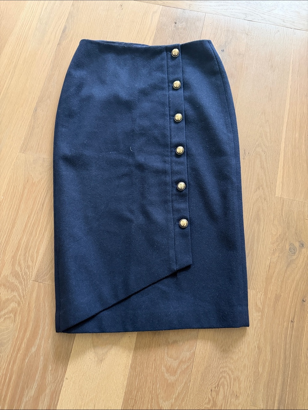 Halogen Wool Navy Pencil Skirt with Gold Button Accent